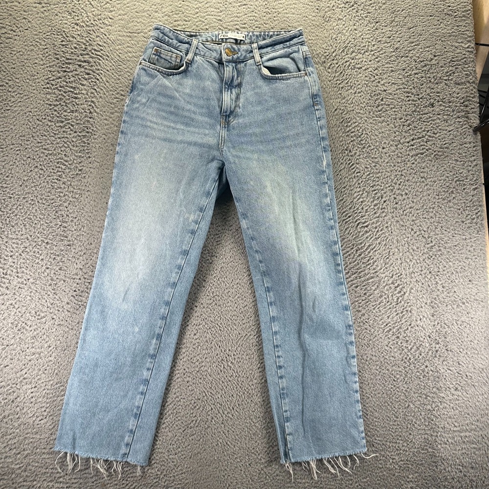 Zara Jeans Women's 6 Blue Cotton Denim Straight Leg Workwear Faded Frayed Hem